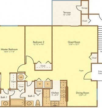 Floor plan for 2 beds, 1.5 baths, 1154 sqft